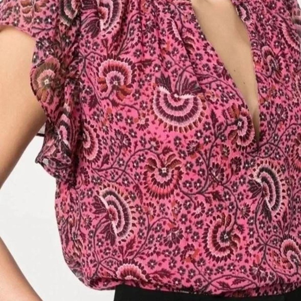 A.L.C 100% Silk Pink Floral Flutter Sleeve Split Neck Blouse Top Size 6
